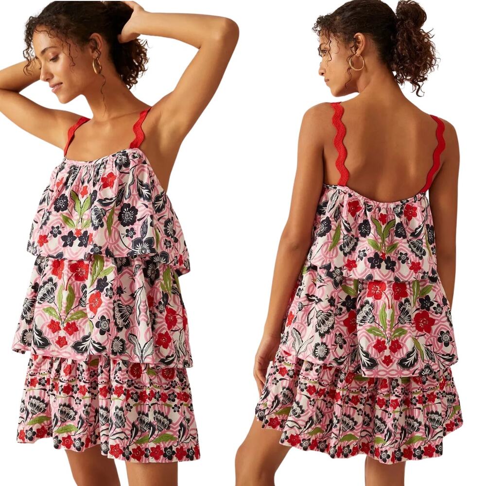 Maeve Mini Dress Tiered Floral Ruffle Embroidered Boho Party Preppy Granola M